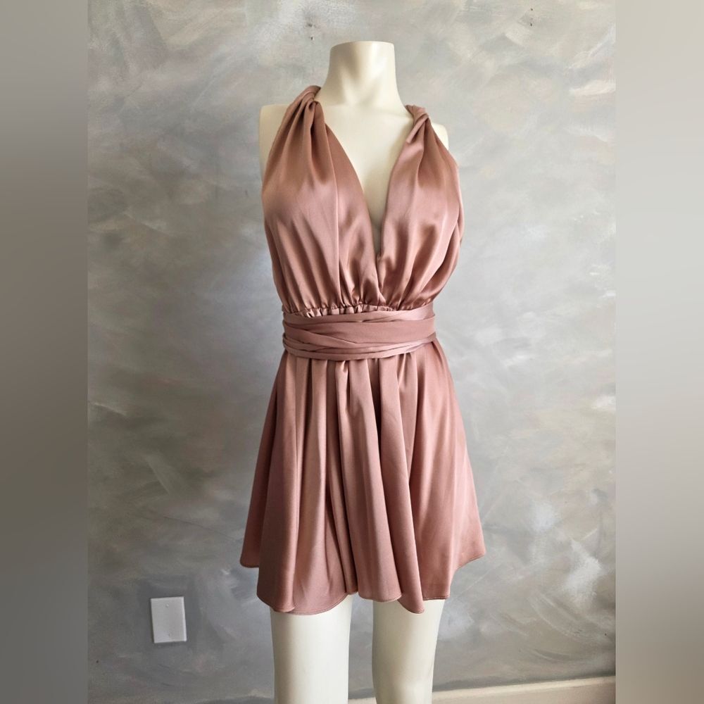 Taupe Satin Mini Dress Open Back Multi Wrap Boutique Sz 6
